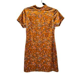 Savage Fenty Orange Velvet Floral Mini Dress Womens 10 Short Sleeve High Neck